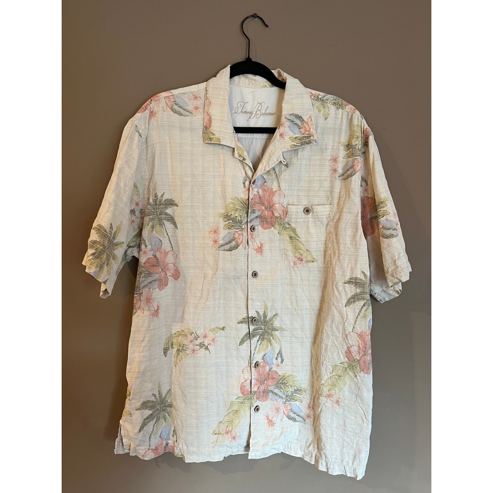 Tommy Bahama Mens XL Tropical Floral Palm Tree Linen Blend Camp Shirt Beige